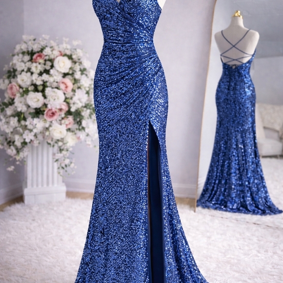 Dresses & Skirts - Elegant Blue Sequin Evening Gown with Side Slit